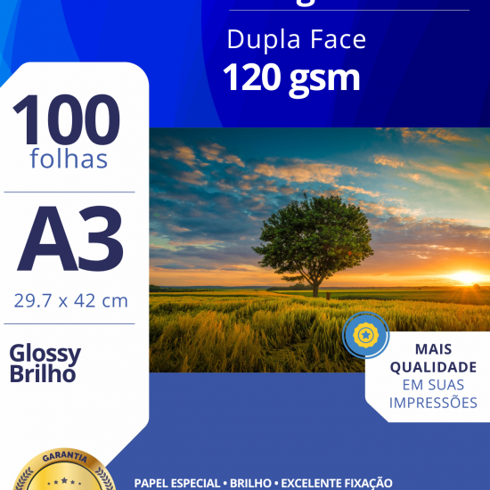 Papel Foto Glossy Dupla Face 120G/M² - A3 - 100 Fls Papel Foto Glossy Dupla Face 120G/M² - A3 - 100 Fls